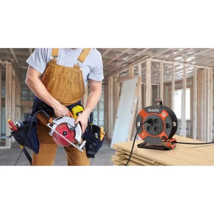 Quarx Enrouleur de Câble Bricolage 40 mètres H07RN-F 3G 1,5 mm², Tambour Plastique Anti-Torsion, 4 Prises IP44 16A, 3600W