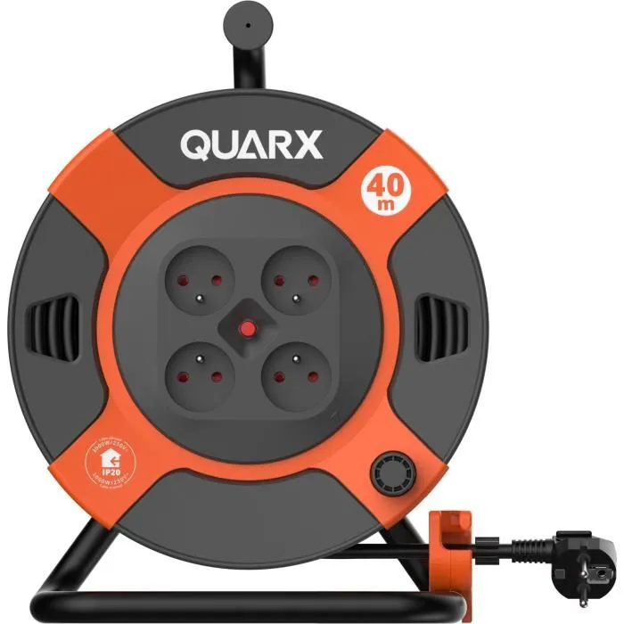 Quarx Enrouleur de Câble Bricolage 40 mètres H07RN-F 3G 1,5 mm², Tambour Plastique Anti-Torsion, 4 Prises IP44 16A, 3600W