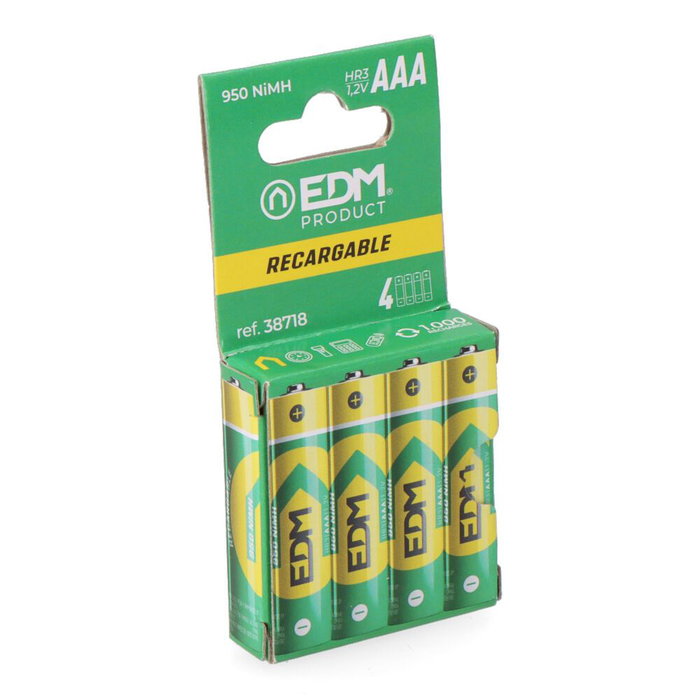 Edm Pile rechargeable eco-series AAA HR03 950 mAh 1,2V Ø10,5 x 44,5 mm Lot de 4 Edm Pile rechargeable eco-series AAA HR03 950 mAh 1,2V Ø10,5 x 44,5 mm Lot de 4