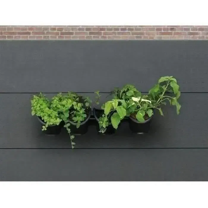 Nature Kit mural de jardinière, 4 pots amovibles 1 L avec système de drainage, support inclus, dimensions H 15 x L 60 cm, Noir pour intérieur et extérieur