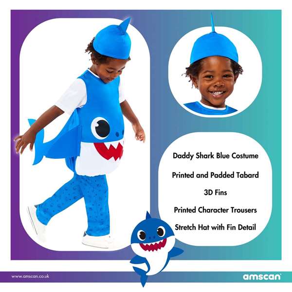 Liragram Déguisement Bébé Papa Shark Bleu Taille 2-3 Ans Liragram Déguisement Bébé Papa Shark Bleu Taille 2-3 Ans
