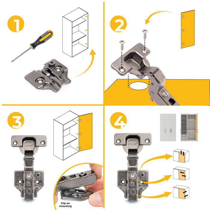 Emuca Lot de 20 charnières super coudées X91 à fermeture amortie avec embases à visser, Hauteur 0, Acier, Titane Emuca Lot de 20 charnières super coudées X91 à fermeture amortie avec embases à visser, Hauteur 0, Acier, Titane