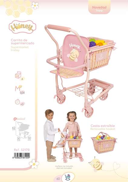 Decuevas - Caddie de supermarché Honey avec landau et set de 12 fruits pour poupées jusqu'à 50 cm, dimensions 30 x 50 x 62 cm Decuevas - Caddie de supermarché Honey avec landau et set de 12 fruits pour poupées jusqu'à 50 cm, dimensions 30 x 50 x 62 cm