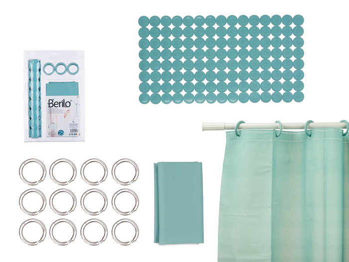 BERILO Set de salle de bain rideau de douche PEVA et tapis de douche vert et bleu BERILO Set de salle de bain rideau de douche PEVA et tapis de douche vert et bleu