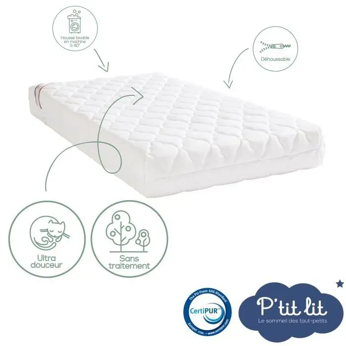 P'Tit Lit - Matelas Bébé Bamboo 70x140x10 cm, Housse en Viscose Douce Réversible, Détachable, Sans Traitement Chimique, Mousse Haute Densité 23kg/m3
