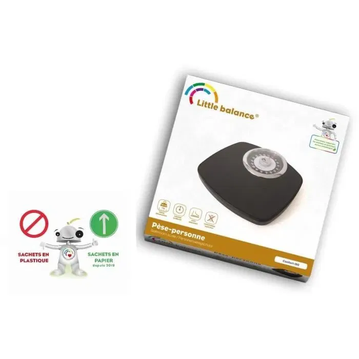 Little Balance Pese-personne mécanique 8400 Confort 180 - 180 kg / 1 kg, Grand écran chrome, Plateau antidérapant, Compact, Noir et Chrome