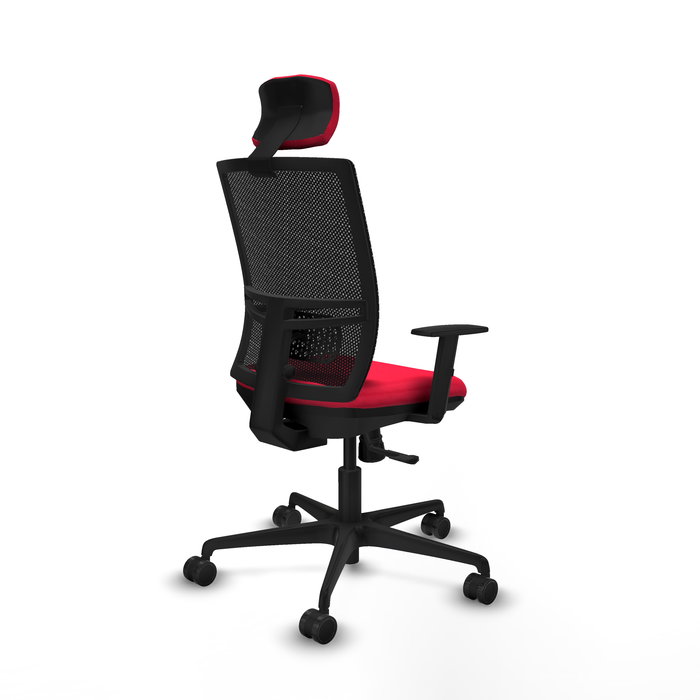 Chaise Yunquera Synchro 4 positions tissu Rouge Maille Noir Base en nylon noir Accoudoir 1D Appui-tête 1D Roulettes 65mm nylon