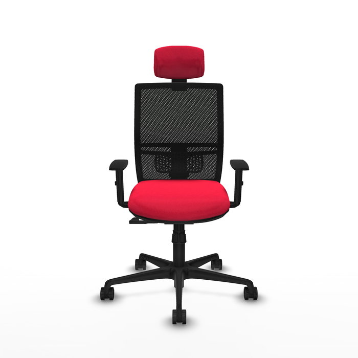 Chaise Yunquera Synchro 4 positions tissu Rouge Maille Noir Base en nylon noir Accoudoir 1D Appui-tête 1D Roulettes 65mm nylon