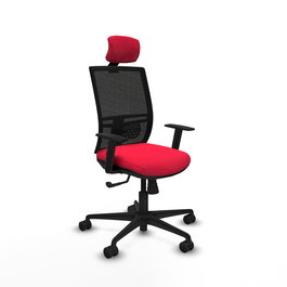 Chaise Yunquera Synchro 4 positions tissu Rouge Maille Noir Base en nylon noir Accoudoir 1D Appui-tête 1D Roulettes 65mm nylon