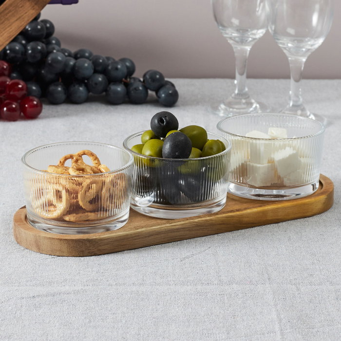 Home Deco Factory Ensemble de 3 Bols en Verre avec Plateau en Acacia Home Deco Factory Ensemble de 3 Bols en Verre avec Plateau en Acacia