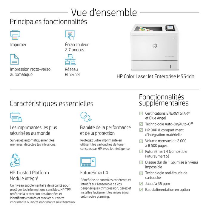 HP Imprimante LaserJet Enterprise M554dn - Imprimante Laser Couleur Sécurité Dynamique, 33 ppm Noir / 35 ppm Couleur, Recto Verso, USB, HP ImageREt 3600