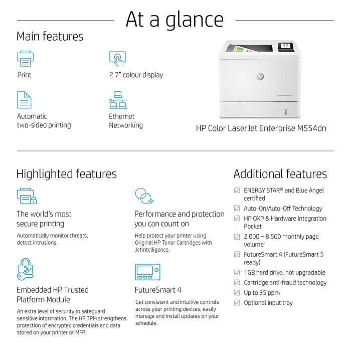 HP Imprimante LaserJet Enterprise M554dn - Imprimante Laser Couleur Sécurité Dynamique, 33 ppm Noir / 35 ppm Couleur, Recto Verso, USB, HP ImageREt 3600
