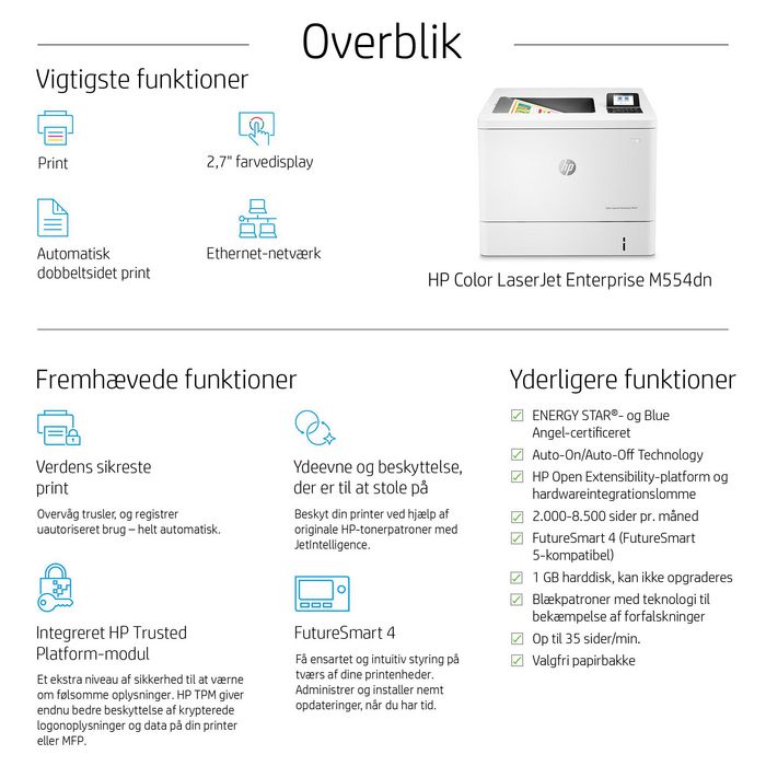 HP Imprimante LaserJet Enterprise M554dn - Imprimante Laser Couleur Sécurité Dynamique, 33 ppm Noir / 35 ppm Couleur, Recto Verso, USB, HP ImageREt 3600