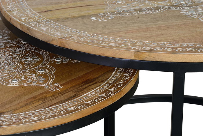 GINER Y COLOMER Table basse en bois de manguier avec pieds en métal, couleur naturel et noir - Set de 2 tables (grande: Ø80 x 48 cm, petite: Ø60 x 40 cm)