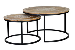 GINER Y COLOMER Table basse en bois de manguier avec pieds en métal, couleur naturel et noir - Set de 2 tables (grande: Ø80 x 48 cm, petite: Ø60 x 40 cm)