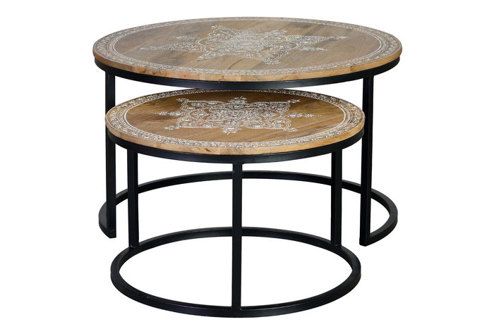 GINER Y COLOMER Table basse en bois de manguier avec pieds en métal, couleur naturel et noir - Set de 2 tables (grande: Ø80 x 48 cm, petite: Ø60 x 40 cm)