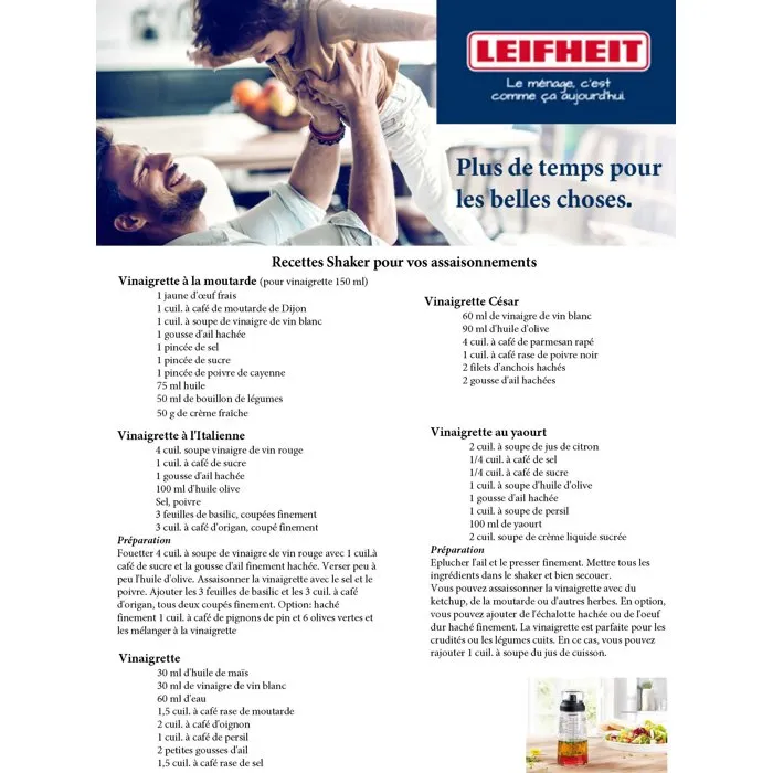 Leifheit 3195 Shaker à Vinaigrette Gradué 300 ml avec Bec Verseur Anti-Goutte, 5 Recettes Incluses pour Salades