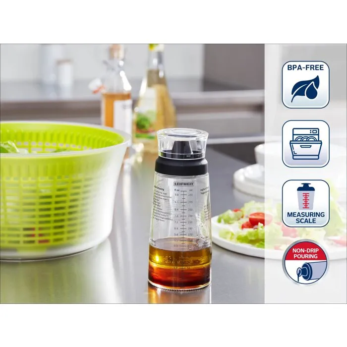 Leifheit 3195 Shaker à Vinaigrette Gradué 300 ml avec Bec Verseur Anti-Goutte, 5 Recettes Incluses pour Salades