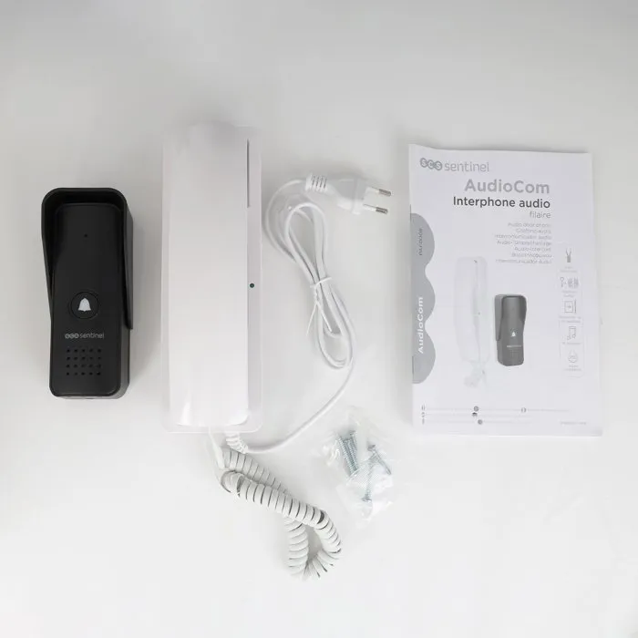 SCS SENTINEL AudioCom - Interphone audio filaire avec combiné intérieur et transformateur intégré, platine de rue en aluminium IP55