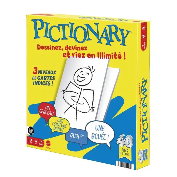 Mattel Games Pictionary Jeu de Société Familial - Jeu de Dessin avec Ardoise et Feutres - 224 Cartes pour Adultes et Enfants à Partir de 8 ans - Réf. JDX98