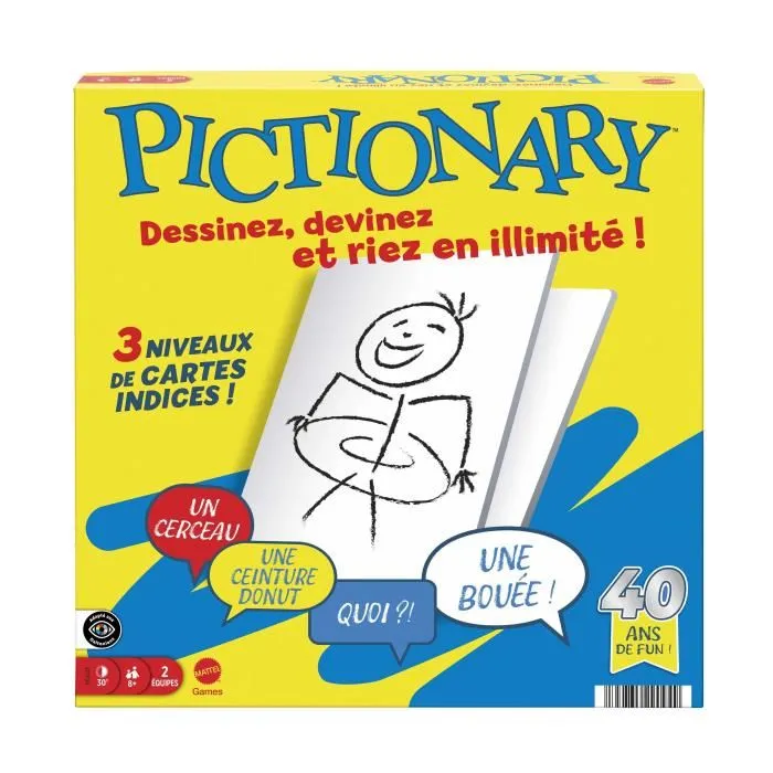Mattel Games Pictionary Jeu de Société Familial - Jeu de Dessin avec Ardoise et Feutres - 224 Cartes pour Adultes et Enfants à Partir de 8 ans - Réf. JDX98
