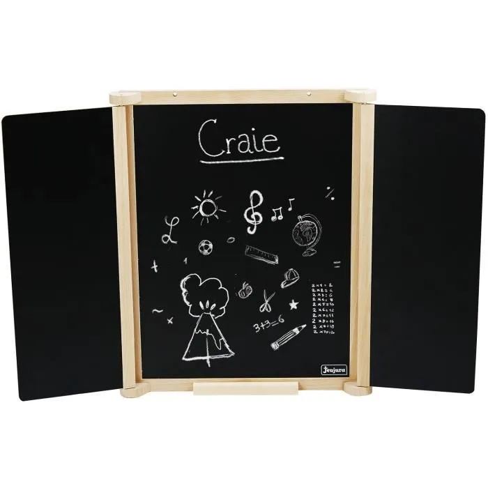 Jeujura Tableau Triptyque Mural pour Enfants en Bois Naturel avec Ardoise Centrale et Volets Craie/Feutre Effaçable, Accessoires Inclus, 82 x 56 cm