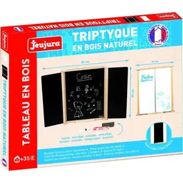 Jeujura Tableau Triptyque Mural pour Enfants en Bois Naturel avec Ardoise Centrale et Volets Craie/Feutre Effaçable, Accessoires Inclus, 82 x 56 cm