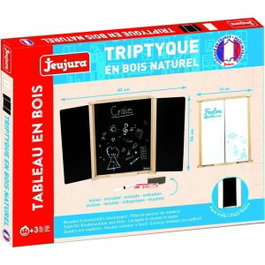 Jeujura Tableau Triptyque Mural en Bois Naturel avec Ardoise et Volets Effaçables (82 x 56 cm)