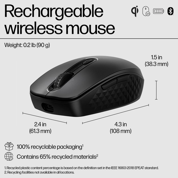 HP 695 Souris Sans Fil Rechargeable Bluetooth avec Charge Qi, 6 Boutons Programmable, 4000 PPP, Périphérique Léger et Écologique en Français