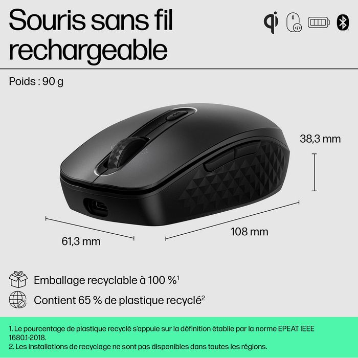 HP 695 Souris Sans Fil Rechargeable Bluetooth avec Charge Qi, 6 Boutons Programmable, 4000 PPP, Périphérique Léger et Écologique en Français