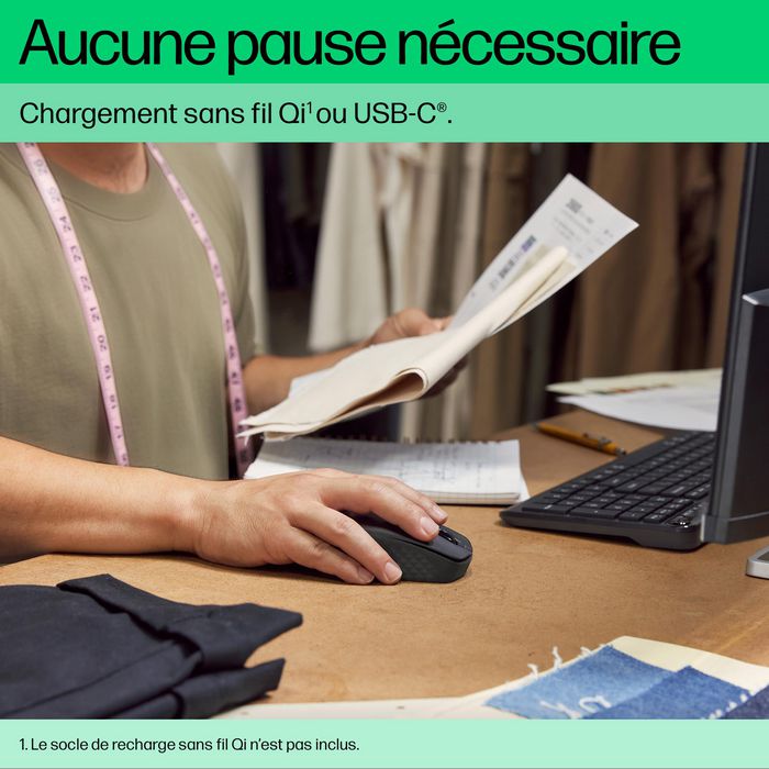 HP 695 Souris Sans Fil Rechargeable Bluetooth avec Charge Qi, 6 Boutons Programmable, 4000 PPP, Périphérique Léger et Écologique en Français