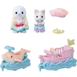 Sylvanian Families - Mini-figurines et petit train de la mer - Set avec bateau, dauphin et bébés Phoque et Chat - Jeu créatif pour enfant dès 3 ans