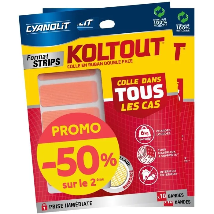 Cyanolit Lot de 2 rubans adhésifs double face Koltout Ruban Strips x10 Cyanolit Lot de 2 rubans adhésifs double face Koltout Ruban Strips x10