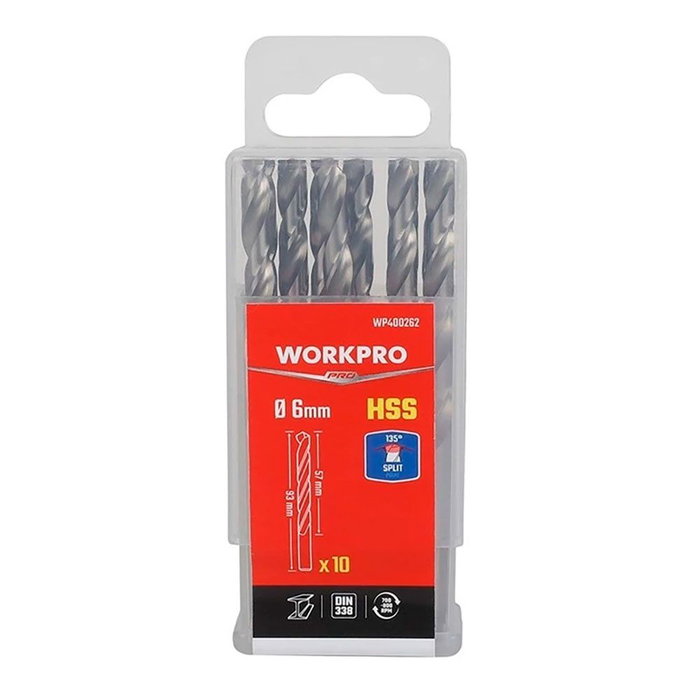 Workpro Lot de 10 Forets pour Métal HSS 4341 Rectifiés, Ø6,00 x 93,00 mm