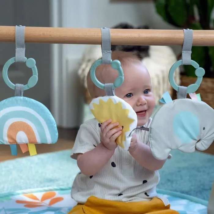 Ingenuity Sun Valley Tapis d'éveil bébé avec arche de jeu en bois pliable, 3 jouets amovibles - Tapis lavable - 0 à 36 mois