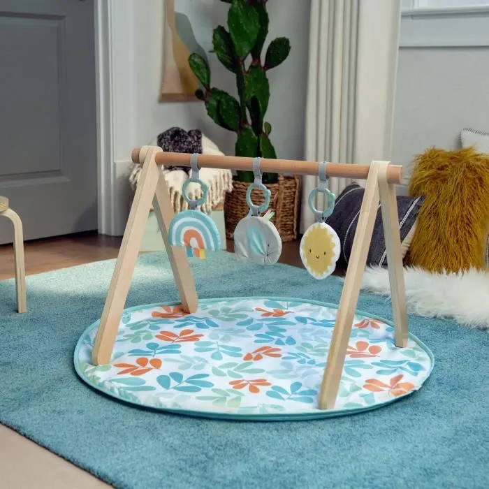 Ingenuity Sun Valley Tapis d'éveil bébé avec arche de jeu en bois pliable, 3 jouets amovibles - Tapis lavable - 0 à 36 mois