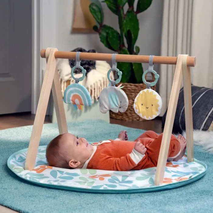 Ingenuity Sun Valley Tapis d'éveil bébé avec arche de jeu en bois pliable, 3 jouets amovibles - Tapis lavable - 0 à 36 mois