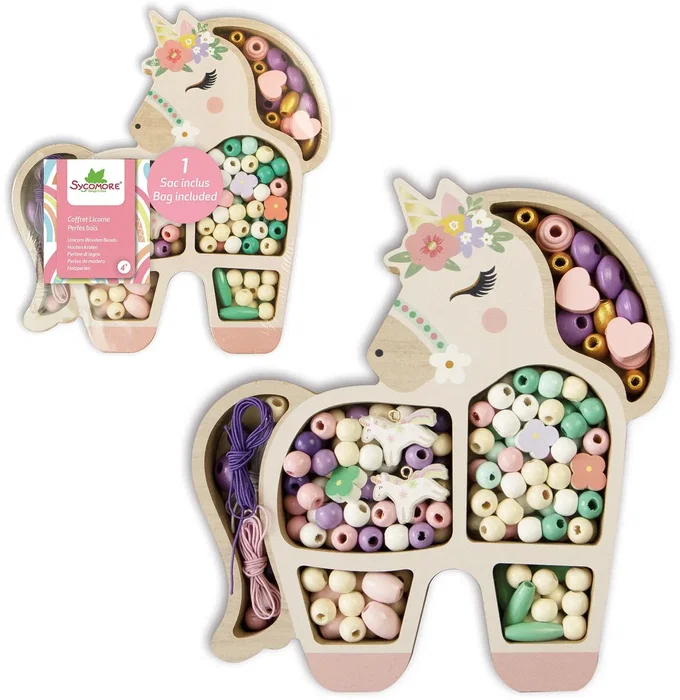 Sycomore - Coffret Créatif de Perles en Bois Licorne - 170 Perles Pastel, 3m de Fil et Sac de Rangement - Pour Enfants dès 4 Ans - Idée Cadeau