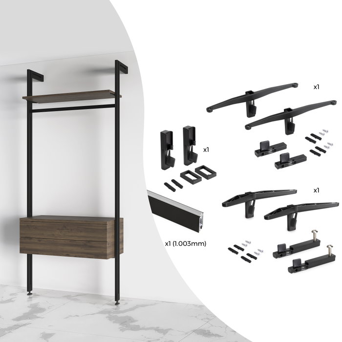 Emuca Kit de fixation pour 1 étagère en bois, 1 module et 1 tringle de suspension, longueur 1m Zero, Zamak, Peint en noir texturé Emuca Kit de fixation pour 1 étagère en bois, 1 module et 1 tringle de suspension, longueur 1m Zero, Zamak, Peint en noir texturé
