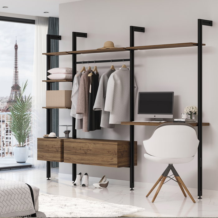 Emuca Kit de fixation pour 1 étagère en bois, 1 module et 1 tringle de suspension, longueur 1m Zero, Zamak, Peint en noir texturé