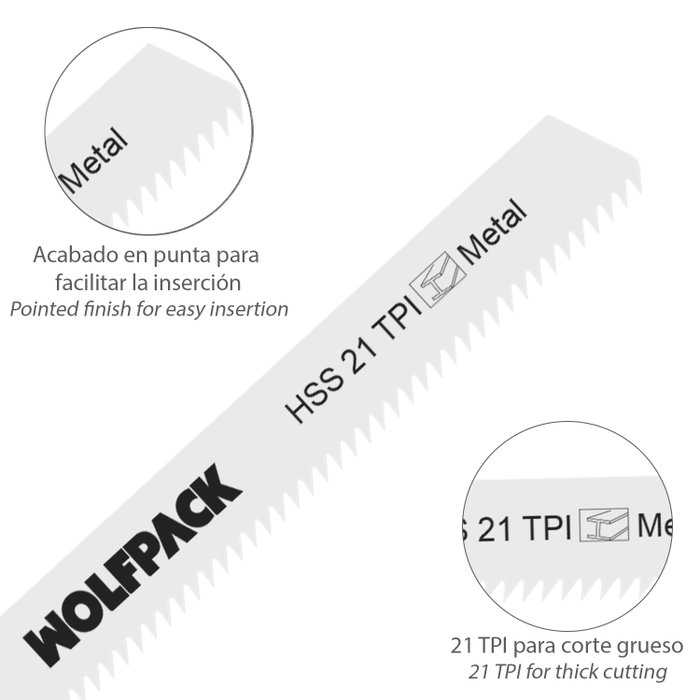 WOLFPACK LINEA PROFESIONAL Lot de 5 lames de scie sauteuse pour métal épais HSS 21 TPI WOLFPACK LINEA PROFESIONAL Lot de 5 lames de scie sauteuse pour métal épais HSS 21 TPI