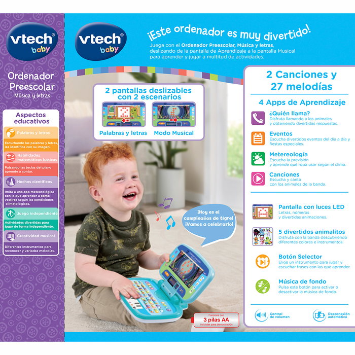 V-Tech Ordinateur Préscolaire Musique et Lettres 80-576422 - Ordinateur éducatif enfant avec piano, jeux et voix d'animaux