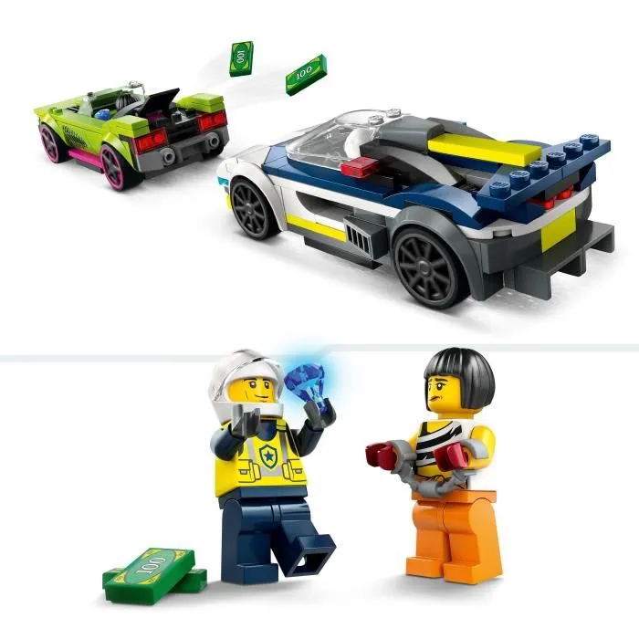 LEGO City 60415, Set de Construction avec Voiture de Police et Super Voiture, Jeu de Minifigurines Policier et Cambrioleur, Cadeau Enfant Dès 6 Ans