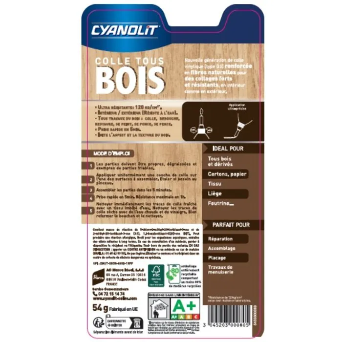 Cyanolit Colle bois vinylique (D3) - 54 g - Renforcé fibres naturelles Cyanolit Colle bois vinylique (D3) - 54 g - Renforcé fibres naturelles