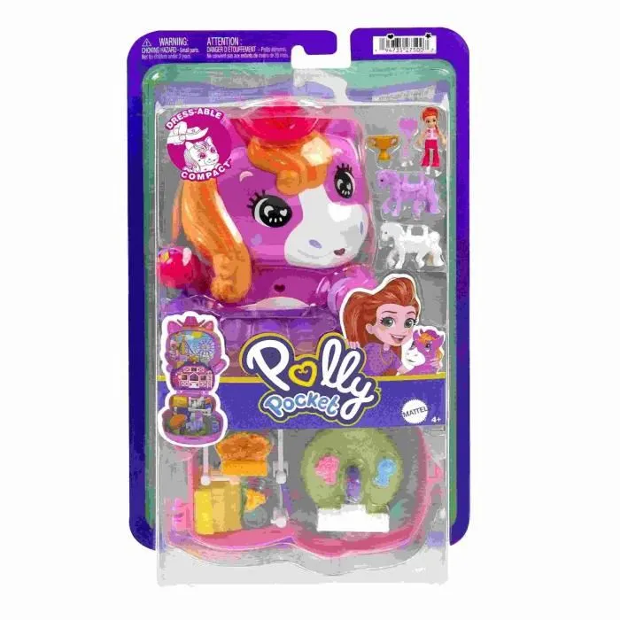Polly Pocket - Coffret Poney Rodéo JCR39, Jouet de Voyage avec Poney Rose, Mini-Figurine et Accessoires, Pour Enfants dès 3 ans
