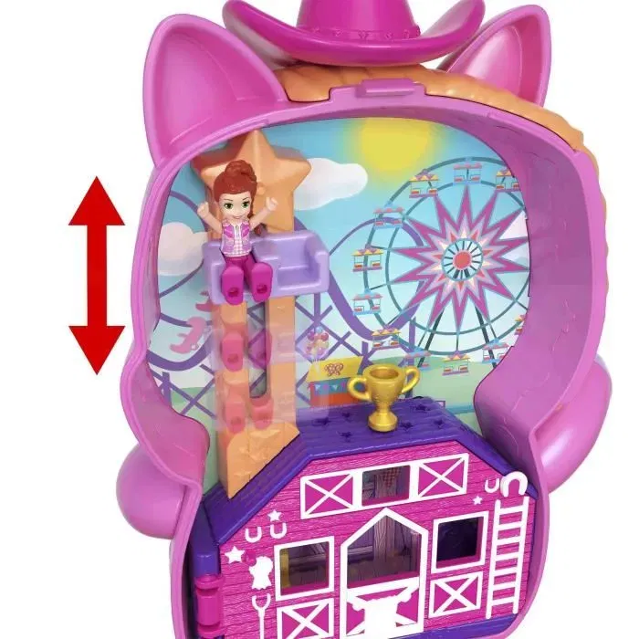 Polly Pocket - Coffret Poney Rodéo JCR39, Jouet de Voyage avec Poney Rose, Mini-Figurine et Accessoires, Pour Enfants dès 3 ans