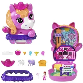 Polly Pocket - Coffret Poney Rodéo JCR39, Jouet de Voyage avec Poney Rose, Mini-Figurine et Accessoires, Pour Enfants dès 3 ans