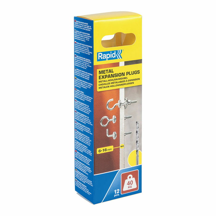 Rapid Lot de 12 Chevilles à Expansion Métalliques avec Gond, Crochet et Piton pour Cloison Plâtre 6-16mm, Charge 40 kg