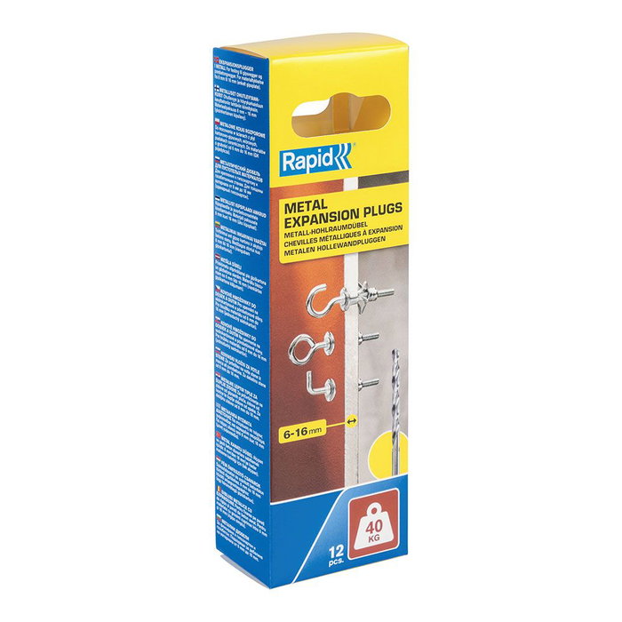 Rapid Lot de 12 Chevilles à Expansion Métalliques avec Gond, Crochet et Piton pour Cloison Plâtre 6-16mm, Charge 40 kg