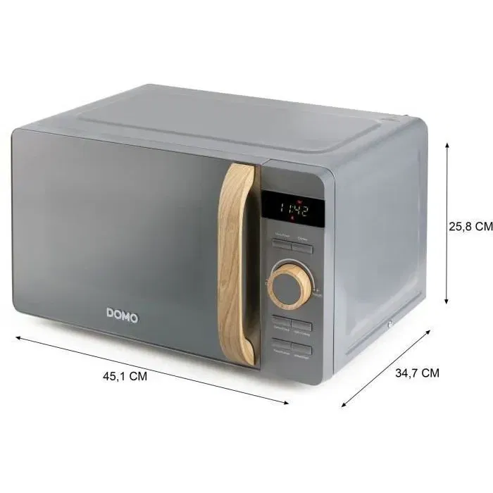 DOMO DO3420 Micro-ondes 20 L 700W 5 niveaux de puissance 8 programmes automatiques finition boisée gris dimensions L45,1 x P34,7 x H25,8 cm